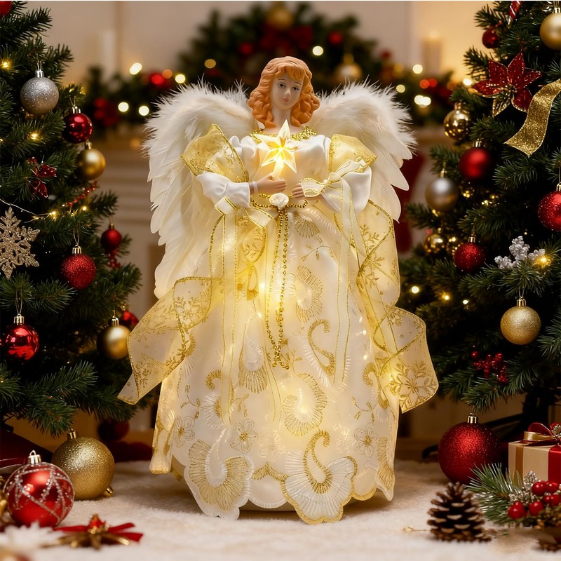 12" Lighted White Angel Christmas Tree Topper with Feather Wings