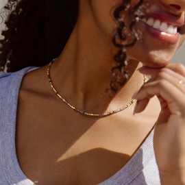 LOYATA Beaded Gemstone Necklaces for Women, Boho Beaded Choker Necklace 14K Gold Plated Natural Stone Bead Necklace Beach Summer Jewelry for Women Gifts