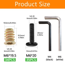 AvrestYPT 71Pcs 1/4"-20 Threaded Insert Kit - 34 x 3/4" Furniture Inserts + 35 x 19/32" Bolt Inserts + 2 Hex Keys for Wood Assembly, Woodworking, Repairs & DIY (Hex Socket Drive Screw-in Nuts)