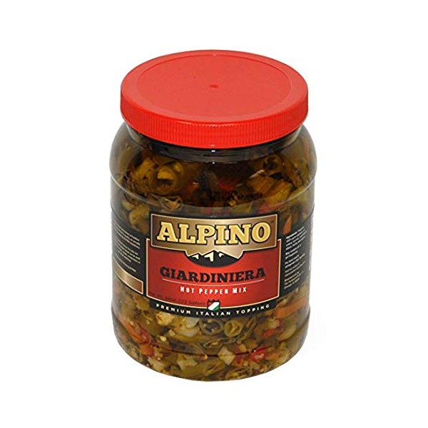 Alpino Brand Hot Pepper Mix Giardiniera Pickled Vegetables Restaurant Quality - 64 oz.