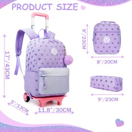 ZBAOGTW Rolling Backpack for Girls Purple Backpack with Wheels for School Backpacks Set for Teen Backpack with Wheels for Kids Travel Backpack for School Student Trip with Lunch Box