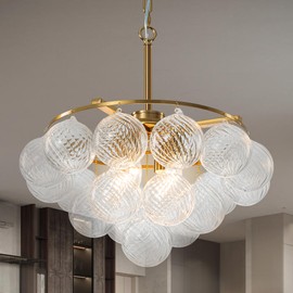 BeyPan Glass Bubble Ball Chandelier Gold 3-Tier Round Ribbed Glass Chandeliers Clear Blown Glass 4-Light 20" Dia Adjustable Height Pendant Light Fixture for Bedroom Restaurant Dining Room