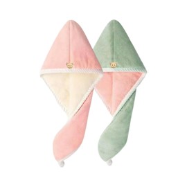 ヘアドライタオル ドライキャップ 2枚セット シャワーキャップ 強い吸水性 ふわふわ 超柔らかい お風呂上がり 長い髪専用 軽量 速乾 髪タオル ボタン付きヘアターバン ヘアタオル（ピンク+ホワィト ピンク+グリーン）