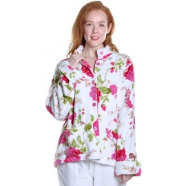 LA CERA Women Floral Microfleece Bed Jacket with Mandarin Collar, Long Sleeves, Front Pockets, Button Front, 100% Polyester, White Red, 1X