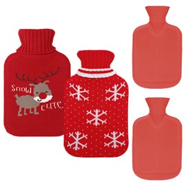 Fyfjur Hot Water Bottle with Cover, Pack of 2, 500 ml Hot Water Bottle, Rubber Bottle, Christmas Hot Water Bottle for Children, Keep Warm, Removable Knitted Cover, Hot Water Bottles for Hand, Neck,