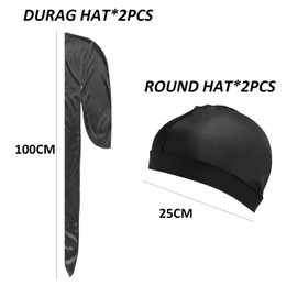 2 Durag Hats and 2 Round Hats, Silk Wave Hat, Silk Durag, Satin Durag Hat, Pirate Bandana, Elastic Silk Headpiece, Silk Hair Scarf for Sleeping (Black)
