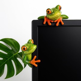Frog Monitor Decorations, Set of 2 – Funny Resin Green Desk Ornament Figurines for Computer, Office or Home – Cute Climbing Frogs for Screen, Picture Frame or Cubicle Display – Quirky Gift Idea