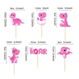 ZpiLkes 24 PCS Dinosaur Cupcake Toppers Glitter Pink Baby Cute Dinosaur Cupcake Picks Decorations for Dino Theme Baby Shower Kids Birthday Party Dinosaur Theme Party Boy Girl Gift Cute