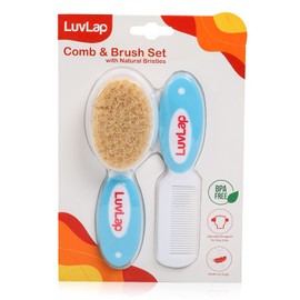 Luv Lap Baby Comb with Rounded Tips & Hair Brush with Natural Bristles for Better Protection of Scalp, White and Blue, 2 Count