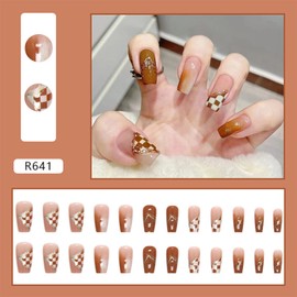 24Pcs Full Cover Reusable False Nails Kits, Press on Nails with Designs Medium Length, Artificial Fingernails for Women, Checkerboard Coffin Acrylic Fake Nails Stick on Nails, Glue on Nails(R641)