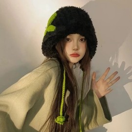 Winter Warm Knit Balaclava Hat with Cute Bow lf1578 One Size/M(56-58cm) Cute Big Eye Ear Cover Cap - Black 4ea