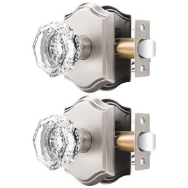 Orger Passage Door Knobs for Hallway and Closet, Glass Door Handles with Non-Locking Latch, Octagonal Clear Crystal Door Knobs 2 Pack, Satin Nickel Vintage Rosette with Heavy Duty Crystal