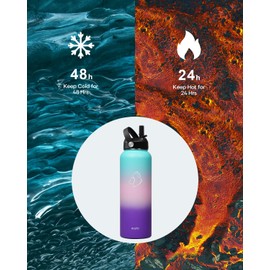 BUZIO 40oz Insulated Water Bottle, Stainless Steel Double Wall Water Flask (Cold for 48 Hrs) Leak Proof Sports Bottles Jug with Straw Lid and Flex Cap Metal Canteen for Gym Travel Camping, Hydrangea