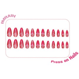 IMRAIN Hot Pink Press on Nails Medium Almond Fake Nails Cat Eye False Nails Bling Wave Glossy Glue on Acrylic Nails Full Cover Artificial Stick on Nails for Women Girls 24Pcs