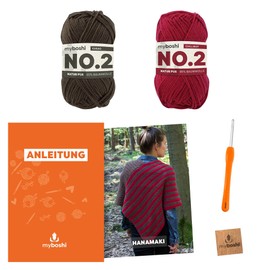 myboshi Hanamaki Poncho Crochet Set, Includes No. 2 Wool, Needle and Instructions, for Clothing, Crochet Pack, 85% Cotton, 15% Kapok Brown with Crochet Hook