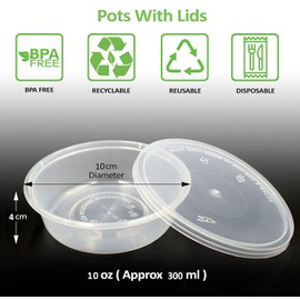 Sabco - 10oz Clear Round Plastic Takeaway Sauce Pots With Lids - 300ml Deli Pots For Dip Ketchup Chutney Condiment - Containers For Slime Wax Melts (50)