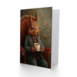 Artery8 Greeting Card Red Squirrel Tea on Armchair Victorian Portrait Blank For Him Or Her Art Birthday Card
