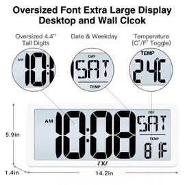 TXL Large Digital Wall Clock with Backlight, 14.2" Battery Operated Alarm Clock with Day, Date & Temperature, Jumbo Display Digital Count Up Down Timer Clock for Seniors, Home, Bedroom Office