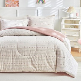 Joyreap 3pcs Floral Cotton Comforter Set for Girls, Pink Flower Stripes Boho Design, Twin Size Soft n Cozy Bedding Comforter Set for All Season- 68x88 inches