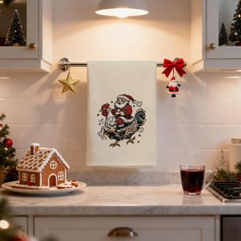 LADOCK Christmas Funny Santa Chicken Kitchen Towels, Chicken Lover Gifts Hand Towels for Bathroom Decor, Xmas Santa Riding Rooster Dish Tea Towel for Kitchen Decor, 16x24 Inch