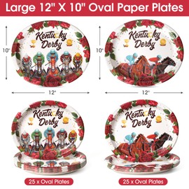 Dereinwo 50Pcs Kentucky Derby Oval Paper Plates -12" x 10" Large Disposable Heavy Duty Party Plates for Kentucky Derby Party Supplies