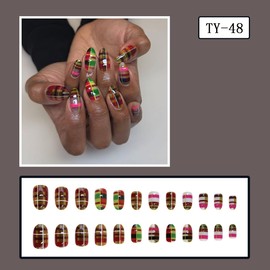 Mkwntg 24Pcs French Tip Press on Nails Short Almond Fake Nails Fashion Test Card Stripes Style Glue on Nail Full Cover Artificial Reusable Colorful Acrylic Nail for Women Manicure Decoration