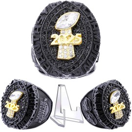 2025 Fantasy Football Championship Ring | Heavy FFL Champion Ring | Gold Silver Tone Plated Award Trophy for Fantasy Football League Winner (ring and stand together, size 13)