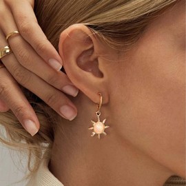 Dervivea Boho Opal Sun Hoop Earrings Gold Sun Drop Huggie Earrings Opal Stone Dangle Earrings Vintage Sunburst Earrings Jewellery for Women and Girls, Zinc, No Gemstone