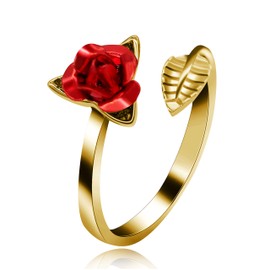 Uloveido Fashion Charm Free Size Rose Ring for Woman Flower Leaf Ring Adjustable 18K Yellow Gold Plated Wedding Bridal Jewelry Birhthday Gifts for Her Y456-Gold