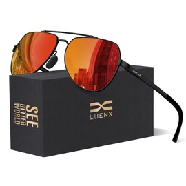 LUENX Men Women Aviator Sunglasses Polarized Shades Flexible Spring Hinge -Orange Mirror Lens Black frame 60mm