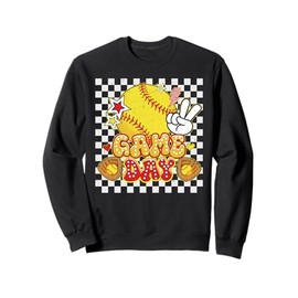 Checkered Game Day Cute Coquette Bow Softball Women Girls Sweatshirt