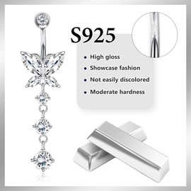 AceFun Bauchnabelpiercing 12mm echte bauchnabelpiercing silber 925 lang Schmetterling Bauchpiercing Schmuck gebogene Barbells Bauch nabelpiercing Premium Sterling Silber für Frauen ihr