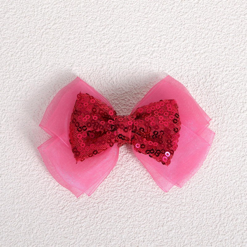 Hot Pink Mesh Ribbon Hair Bow Clips Barrettes 4" Glitter