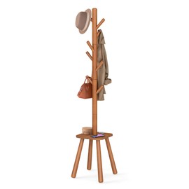 VASAGLE Coat Rack, Free Standing Coat Stand, Hall Coat Tree with 8 Hooks and Storage Shelf, 69.2 Inch Tall, for Coats, Hats, Bags, for Entryway, Hallway, Bedroom, Caramel Brown URCR033K01