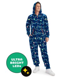 Tipsy Elves Christmas Onesies for Adults - Comfy Unisex Matching Holiday Jumpsuits with Convenient Pockets - Cozy Blue String Of Lights Christmas Jumpsuit Size Large