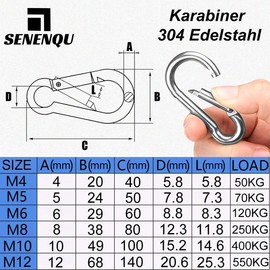 SENENQU Pack of 4 M10 Carabiner Stainless Steel 10 x 100 mm Large Carabiner Hook Stainless Steel Load Capacity 600 kg / 1200 lb Hook Carabiner Hook Camping Hamc Swing - 100 mm x φ10 mm