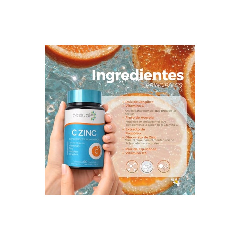 BIOSUPLE Vitamina C con Zinc y Propóleo 90 Cápsulas |
