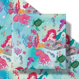 RUSPEPA Birthday Wrapping Paper Roll for Girls, Mini Roll, Dreamy Under the Sea Mermaid and Sea Creatures Design, Cute Ocean Gift Wrap for Kids Birthday Party, Baby Shower, 17 Inches x 16.4 Feet