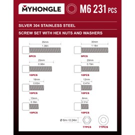 231 Pcs M6 Nuts and Bolts Set, Hex Socket Head Cap Screws Bolts and Nuts Set, Assorted Bolt and Nut Set with Washers, Stainless Steel Machine Screws Assortment Kit for Repair Fastener (M6-231)