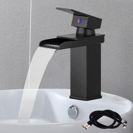Waterfall Tap Bathroom Black, Sink Tap, Stainless Steel Washbasin Tap, Hot and Cold Water Tap, Modern Single Lever Mixer Tap Sink for Bathroom (60 cm Pipes Included)