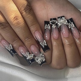 FOXIIU Press on Nails Coffin Long Length Glossy Full Cover Acrylic Coffin Shape Black French False Nails with Butterfly Gems Designs Artificial Square Fake Nails with Charms Glue ons Nails for Women