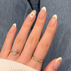 RikView White Press on Nails with Flowers Design Medium Fake Nails French Tips Nails Almond Nails Glossy Full Cover Nails for Women 24 PCs/Set