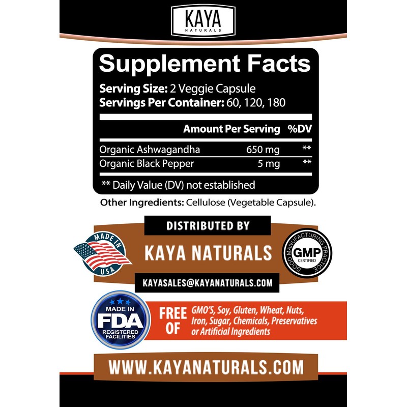 Kaya Naturals Ashwagandha & Black Pepper 1300mg (60 Vegetable Capsules)