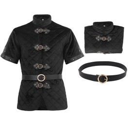 ANINECT Gambeson Mens Jakcet Medieval Thick Paded Coat Aketon Armor Renaissance Costume Short Sleeve with Belt 2PC (Black, S)