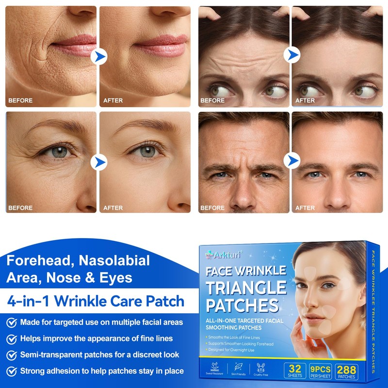 Forehead Wrinkle Plasters, 288 Pieces, Triangular Anti-Wrinkle Plasters for Forehead,