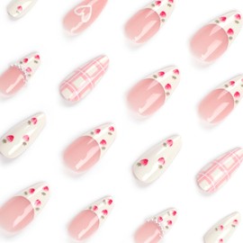 24Pcs Valentine's Day Press on Nails Almond French Tip Fake Nails White Heart Pearls Designs False Nails Cute Strawberry Pink Plaid Glue on Nails White Nail Tips Acrylic Nails for Women Girls Nail