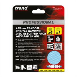 Trend Professional 125 mm Sanding Discs for Random Orbital ROS Sanders, 80/120/180 Grit + Pad Saver, 7 Pack, Mesh Abrasive for Dust-Free Multi-Grit Sanding, AB/125/M7/P