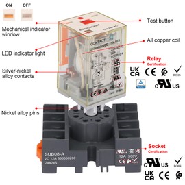 Weasch Power Relay MK2P-I Type RUB2C2730LT, AC 230V Coil, 8Pin 2NO 2NC DPDT, with LED Indicator Light and Test Button, Plug-in Terminal Socket Base, UL Certification (AC 220V)
