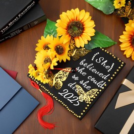 Maysing DIY Graduation Cap Decorations Kit, 53Pcs Sunflower, Gold Butterfly, Rhinestones, Pearl Stickers, Artificial Leaves, for Craft