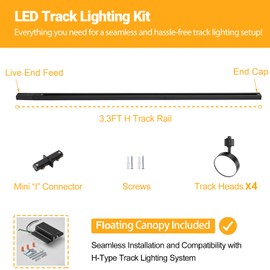 TuyuBEE 4-Lights LED Track Lighting Kit with 3.3FT H Track Rail & Canopy Connector, Modern Kitchen Track Lighting Fixtures Ceiling Flood Light Dimmable Flicker Free CRI90+ 3000K 12W 1000lm, Black